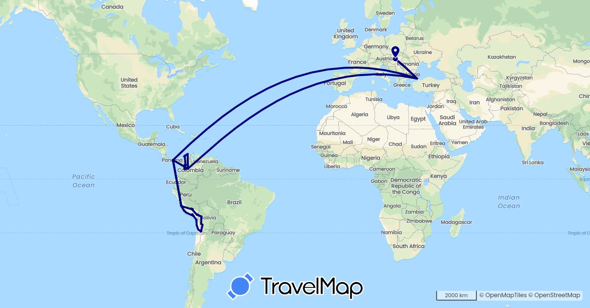 TravelMap itinerary: driving in Bolivia, Chile, Colombia, Hungary, Panama, Peru, Turkey (Asia, Europe, North America, South America)